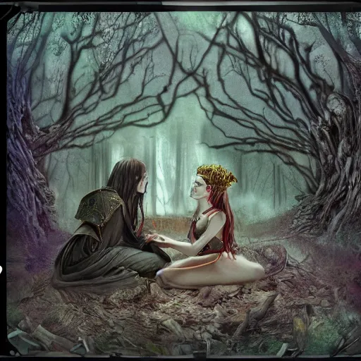 Prompt: analog video footage of of the marriage between a death god and a war goddess in a forest on a crt monitor Trending on artstation DeviantArt Pinterest furaffinty detailed realistic High Resolution HD 8k