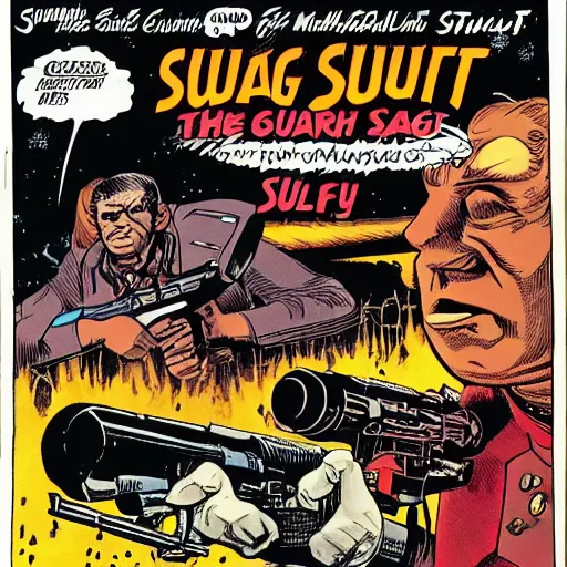 Prompt: space opera gunfight, in the style of feldstein, johnny craig, wally wood, and jack davis - - ar 1 6 : 9 subbed out gunfight for : slugfest, shootout, warzone,