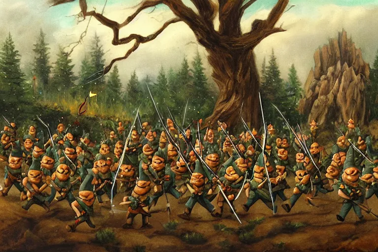 Image similar to an army of gnomes sending an arrow volley at a tree. canvis oil painting