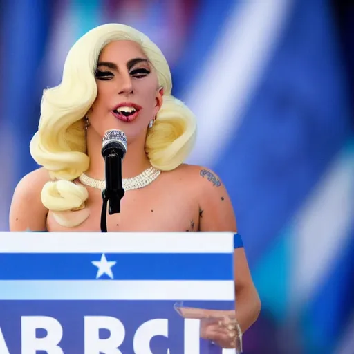 Image similar to Lady Gaga as president, Argentina presidential rally, Argentine flags behind, bokeh, giving a speech, detailed face, Argentina