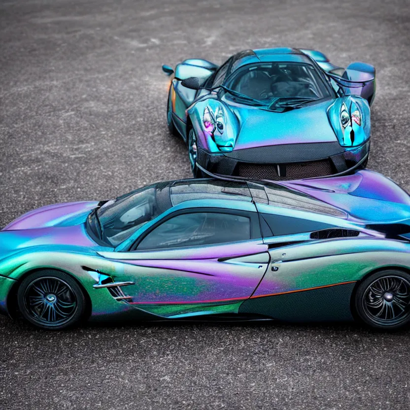 Image similar to close - up of an iridescent rainbow pagani huayra in an empty parking lot, after crashing crumpled body, smoke, melted plastic, puddles of fluid, 4 k, highly detailed, award winning, look at all that detail!
