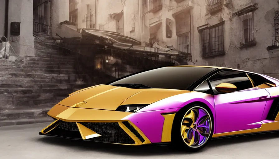 Image similar to purple and gold lamborghini galardo, black interior, hyperdetailed, artstation, cgsociety, 8 k