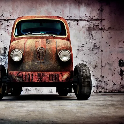 Image similar to nuclear themed ratrod car in the frame of a fiat panda. nuclear, mechanical ad, vehicle photoshoot, distant. hd ratrod, exposed engine, racer