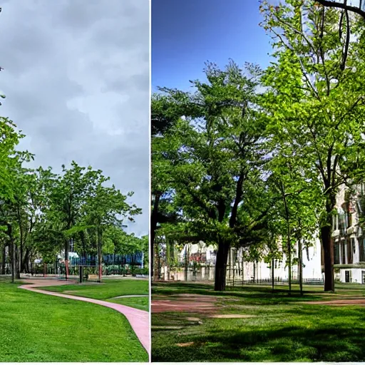 Image similar to a picture of a park in two halves. one half is dystopian colored, the other half is green and optimistically colored