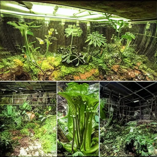 Prompt: abandoned, overgrown, underground bunker. giant mutated carnivorous plants, venus fly trap, pitcher plant, sundew plant.