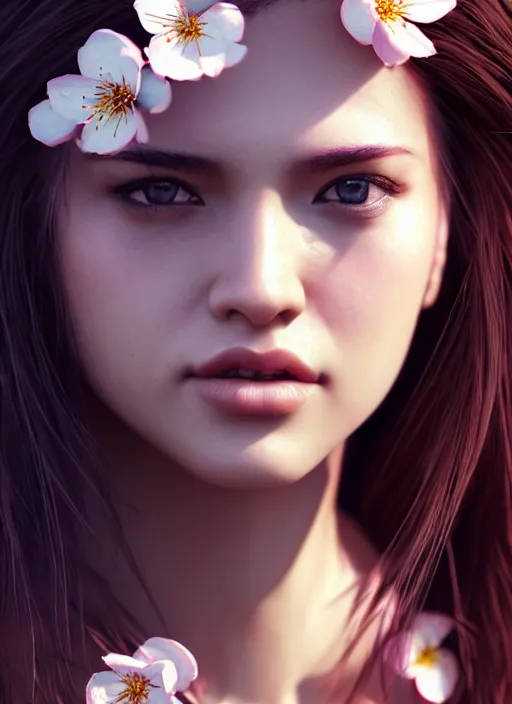 Image similar to photo of a gorgeous female with messy hair in the style of stefan kostic, realistic, body shot, sharp focus, 8 k high definition, insanely detailed, intricate, elegant, art by stanley lau and artgerm, cherry blossoms