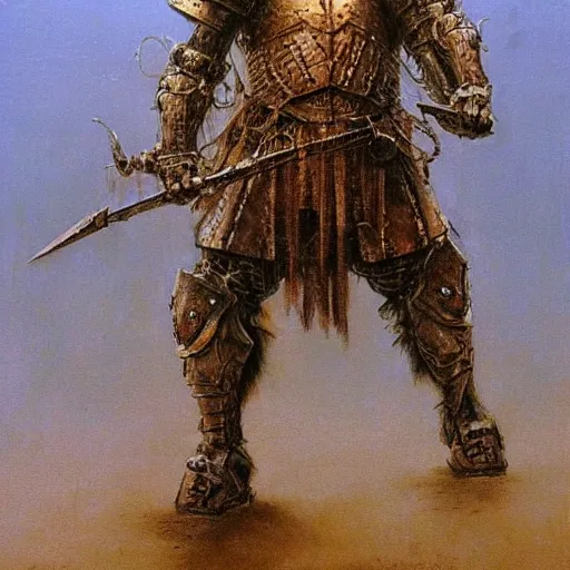 Image similar to were lion warrior concept art, lion headed, armored arms, armored legs, wearing ancient armor, beksinski