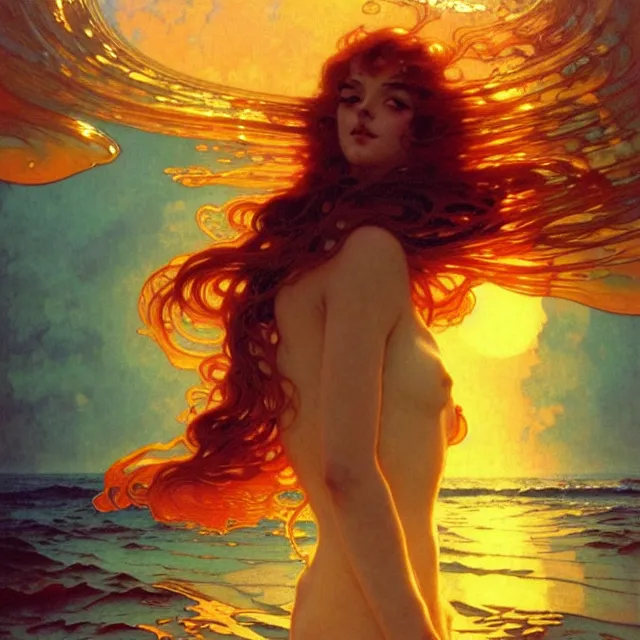 Image similar to mind bending ocean waves of glossy liquid honey drops flowing like psychedelic translucent amber, lsd waves, lsd ripples, backlit, sunset, refracted lighting, art by collier, albert aublet, krenz cushart, artem demura, alphonse mucha