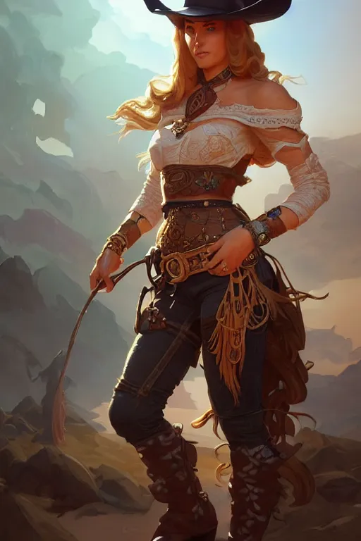 Image similar to beautiful female cowgirl, full body shot, d & d, fantasy, intricate, elegant, highly detailed, digital painting, artstation, concept art, matte, sharp focus, illustration, hearthstone, art by artgerm and greg rutkowski and alphonse mucha