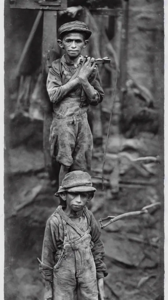 Prompt: child laborer portrayed by lewis hine in 1 9 0 8. tipple boy at west virginia coal mine, worked with the tipple, a device that tilted coal cars from the mine for unloading, black and white, low contrast, 8 k, frontlight, soft lighting, - c 7