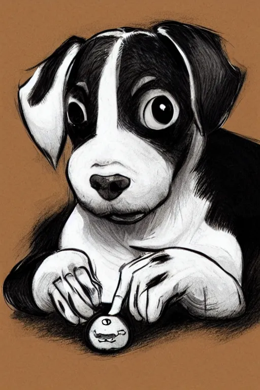 Image similar to cute jack black and white russel terrier scratching his ear, large round eyes, living room, sketch, concept art, game art, character sheet, character design, sketch by cory loftis and bill schwab