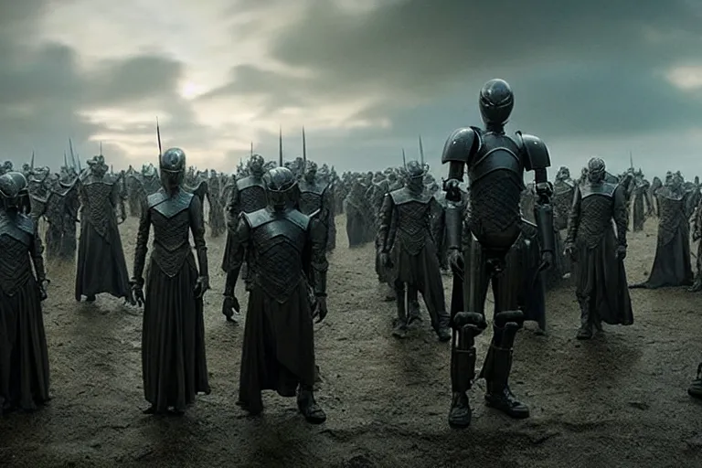 Image similar to vfx film, game of thrones robot army, flat color profile low - key lighting award winning photography arri alexa cinematography, big crowd, hyper real photorealistic cinematic beautiful, atmospheric cool colorgrade