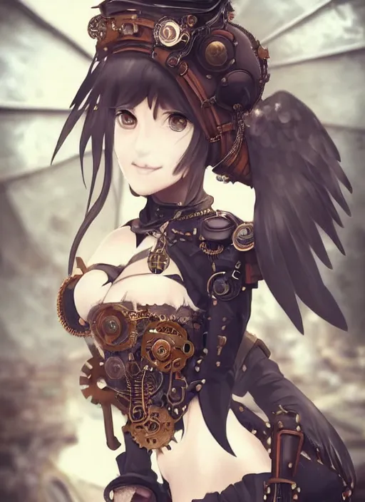 Image similar to steampunk themed anime girl with a steampunk robotic crow on her shoulder, finely detailed, portrait, beautiful, cinematic lighting, made by wlop, artgerm, illustration