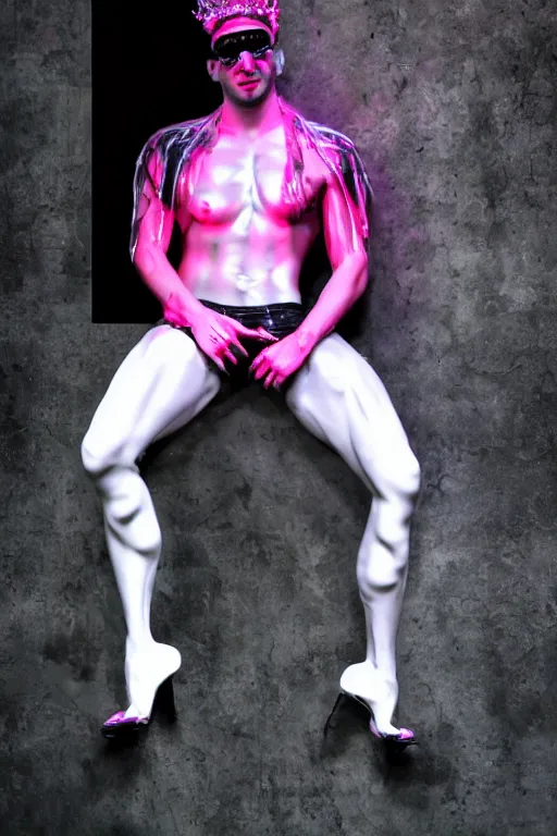 Image similar to full-body rococo and cyberpunk style neon statue of a muscular attractive Sean Mendezz wearing cholo shades macho dotado e rico android sim roupa reclining con las piernas abertas e la piroca dura, ethereal white dripping tar, glowing orange lasers, pink tigers, glowing eyes, silver prince crown, black gears, pink diamonds, swirling mint-colored silk fabric. futuristic elements. full-length view. human skulls. large intricate artwork by caravaggio. Trending on artstation, octane render, cinematic lighting from the right, hyper realism, octane render, 8k, depth of field, 3D