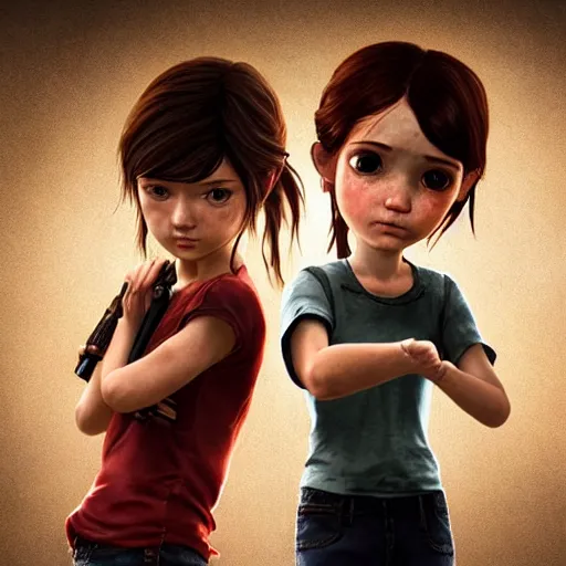 Image similar to Extremely cute and adorable 8k HD key visual of Ellie (The Last of Us) and Marinette Dupain-Cheng posing for the camera doing a v-sign with their fingers, official media, lowbrow painting by Mark Ryden. The art style is quite chibi, with large heads and big wide eyes. 3D render diorama Macro photography