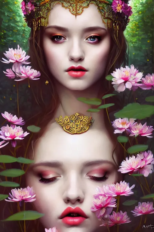 Prompt: artistic painting of an medieval princess, wearing ornate robes, beautiful eyes and lips, floating supine in a forest pond, flowers, art by artgerm and wlop and brom, highly detailed, 8 k, cinematic, digital painting, sharp focus, illustration, masterpiece