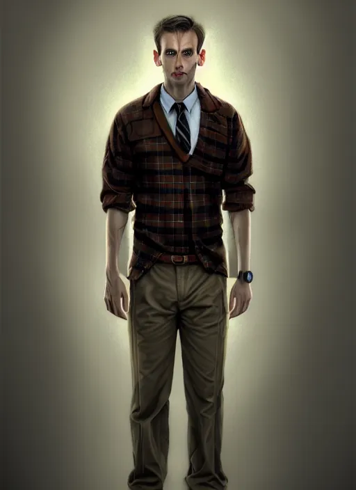 Image similar to male surgeon, brown hair, khakis, plaid shirt, gothic, moody, noir, diffuse lighting, fantasy, intricate, elegant, highly detailed, lifelike, photorealistic, digital painting, artstation, illustration, concept art, smooth, sharp focus, art by John Collier and Albert Aublet and James jean and Brian froud and ross tran and Artem Demura and Alphonse Mucha