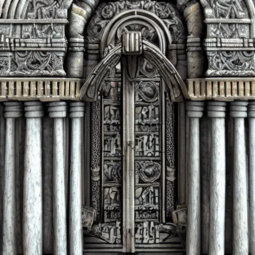 Image similar to ancient fantasy marble gate, neonpunk, mega structure, symmetric, intricate details