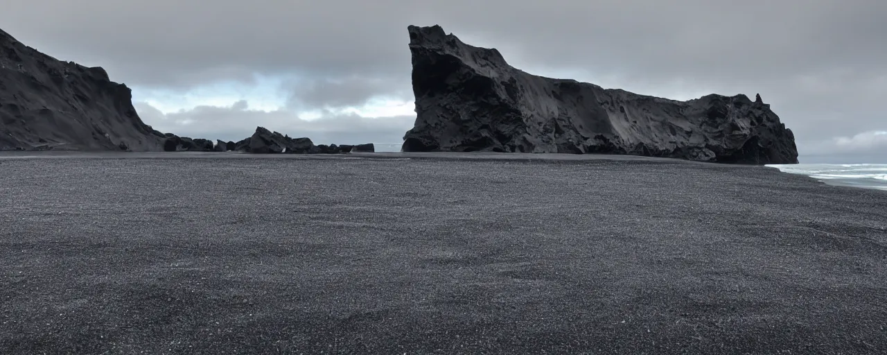 Image similar to low angle cinematic shot of giant futuristic mech in the middle of an endless black sand beach in iceland with icebergs in the distance,, 2 8 mm