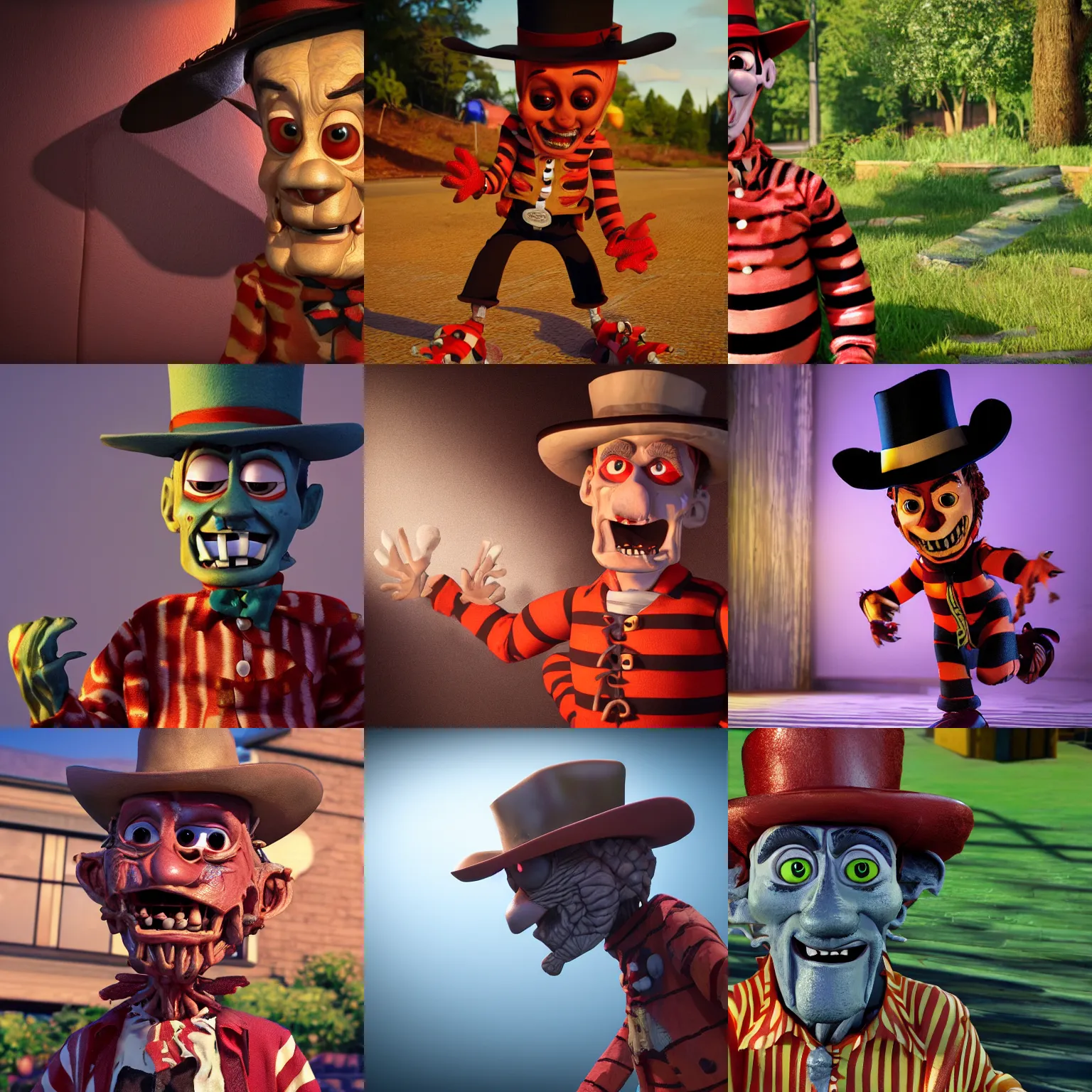 Prompt: freddy krueger as a pixar disney character from up ( 2 0 0 9 ), unreal engine, octane render, 3 d render, photorealistic