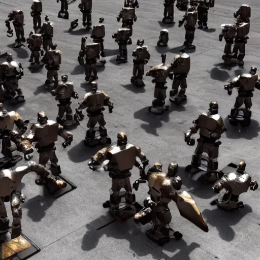 Prompt: Table of statues fighting robots, 8k, 100k, cinematic view