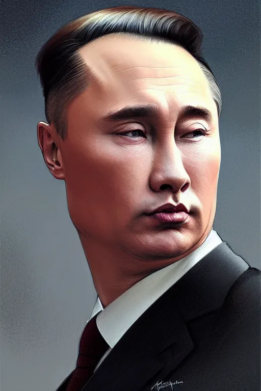 Image similar to vladimir putin with kim jong un hairstyle, realistic portrait, symmetrical, highly detailed, digital painting, artstation, concept art, smooth, sharp focus, illustration, cinematic lighting, art by artgerm and greg rutkowski and alphonse mucha