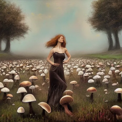 Image similar to a vogue model in a field of mushrooms, oil painting, pale colors, high detail, 8 k, wide angle, trending on artstation,