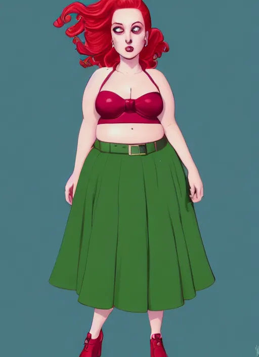 Image similar to full body portrait of teenage cheryl blossom, obese, bangs, green eyes, sultry, realistic, red hair, sultry smirk, wavy hair, pink skirt, fat, intricate, elegant, glowing lights, highly detailed, digital painting, artstation, concept art, smooth, sharp focus, illustration, art by wlop, mars ravelo and greg rutkowski