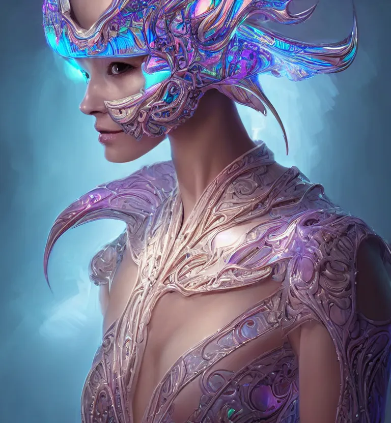 Image similar to iridescent close-up portrait of a beautiful princess in robe. biomechanical mask. bio luminescent biomechanical halo around head. artwork by jarold Sng by artgerm, by Eddie Mendoza, by Peter mohrbacher by tooth wu, unreal engine, octane render, cinematic light, high details, iridescent colors, dichroic, macro, 4l