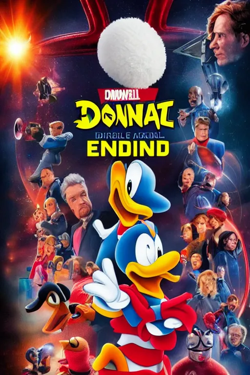 Prompt: donald duck starring in marvel end game, movie poster, cinematic, uncluttered