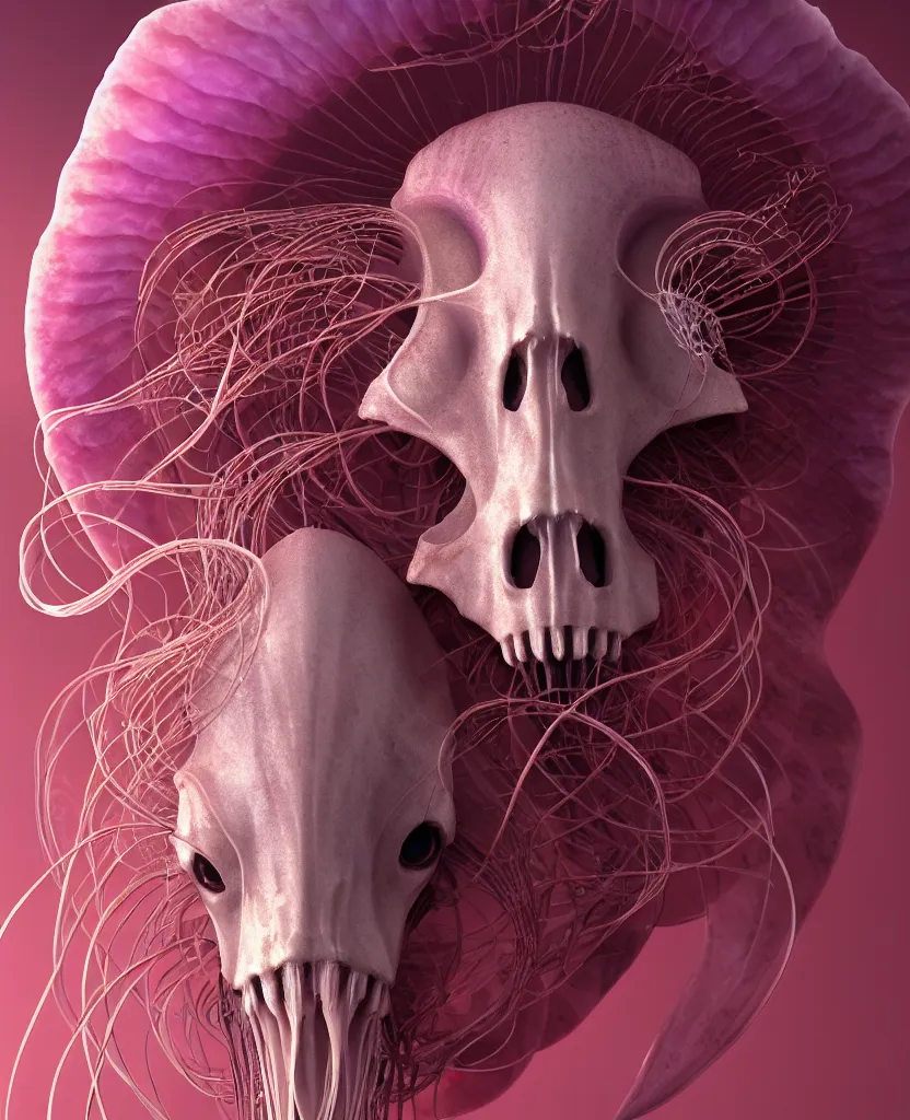 Image similar to goddess princess face close-up portrait ram skull. jellyfish phoenix head, nautilus, orchid, skull, betta fish, bioluminiscent creatures, intricate artwork by Tooth Wu and wlop and beeple. octane render, trending on artstation, greg rutkowski very coherent symmetrical artwork. cinematic, hyper realism, high detail, octane render, 8k