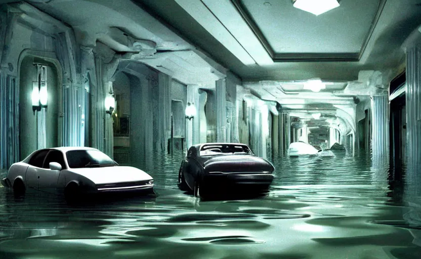Prompt: car from cars in a flooded fractal hallway, romance novel cover, in 1 9 9 5, y 2 k cybercore, low - light photography, still from a ridley scott pixar movie