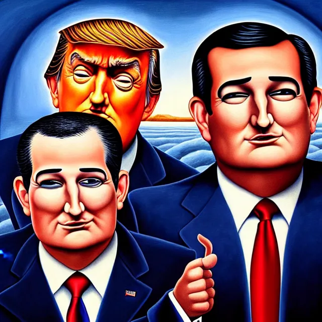 Image similar to an oil on canvas portrait painting of ted cruz and trump doing a speech about the republican party, surrealism, surrealist, cosmic horror, rob gonsalves, high detail