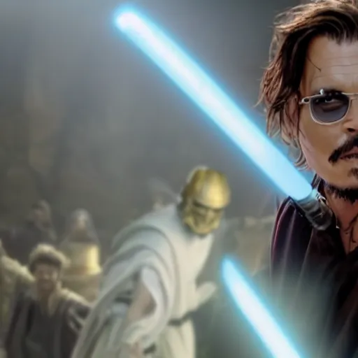 Prompt: Jedi Master (Johnny Depp) wielding a golden lightsaber 8k hdr