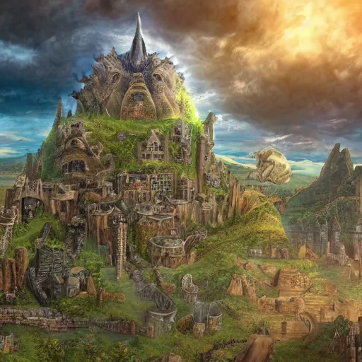 Image similar to large fantasy castle sitting on the top of a giant tortoise, stomping through a harsh wasteland with sharp rays of sunlight, howls moving castle, mortal engines, kaiju, distant - mid - shot, isometric angle, fantasy, hyper detailed, 4 k