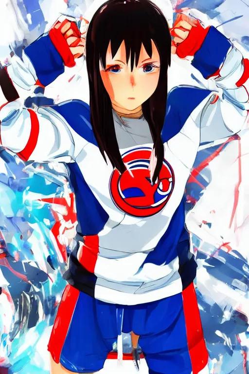 Image similar to beautiful female akira anime cyberpunk super star cute ice hockey player, wearing a light futuristic habs jersey, blue white and red color blocking, character concept exploration, outfit designs, trending on artstation, photorealistic, 8k