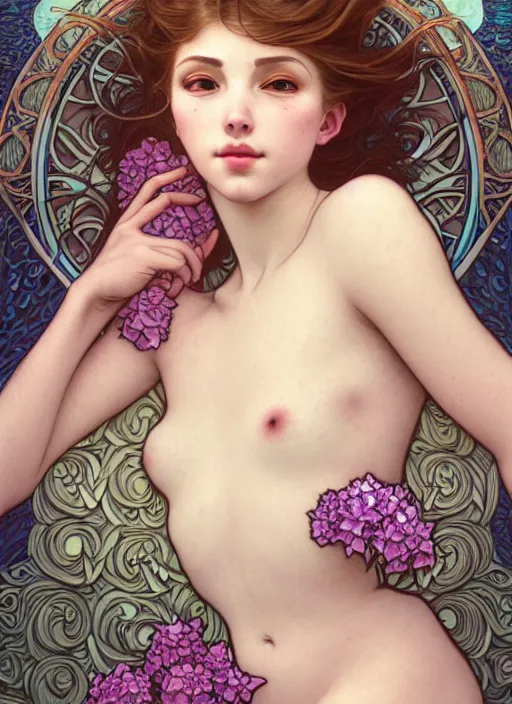 Prompt: an underwater photographic portrait of a seductive sleeping anthropomorphic hydrangea blossom, a perfect face!!!, fantasy, art nouveau, intricate, elegant, very very highly detailed, digital painting, artstation, concept art, smooth, super sharp focus, illustration, art by artgerm and h r giger and alphonse mucha