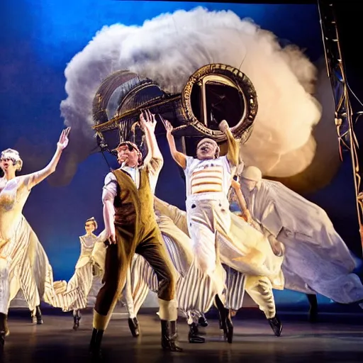 Image similar to award winning Production photo of the Hindenburg disaster the musical on broadway, dancing, singing, costumes by Julie Taymor, set design by Julie Taymor