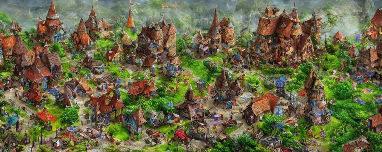 Prompt: photo of a fantasy village