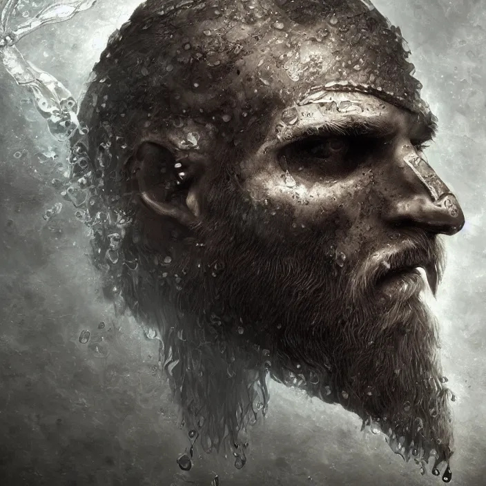 Prompt: bearded Viking face with skull showing on half of face rising through water surface, seen from above, dark fantasy art, 4k ultra hd, trending on artstation