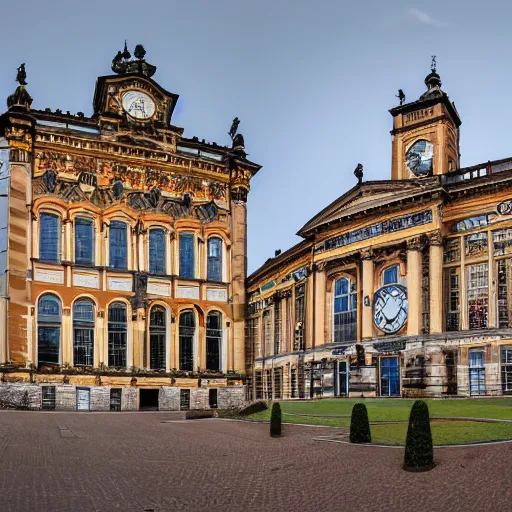 Image similar to a large building with a clock on the top of it, a flemish baroque by bela ivanyi - grunwald, unsplash, heidelberg school, panorama, wimmelbilder, flemish baroque