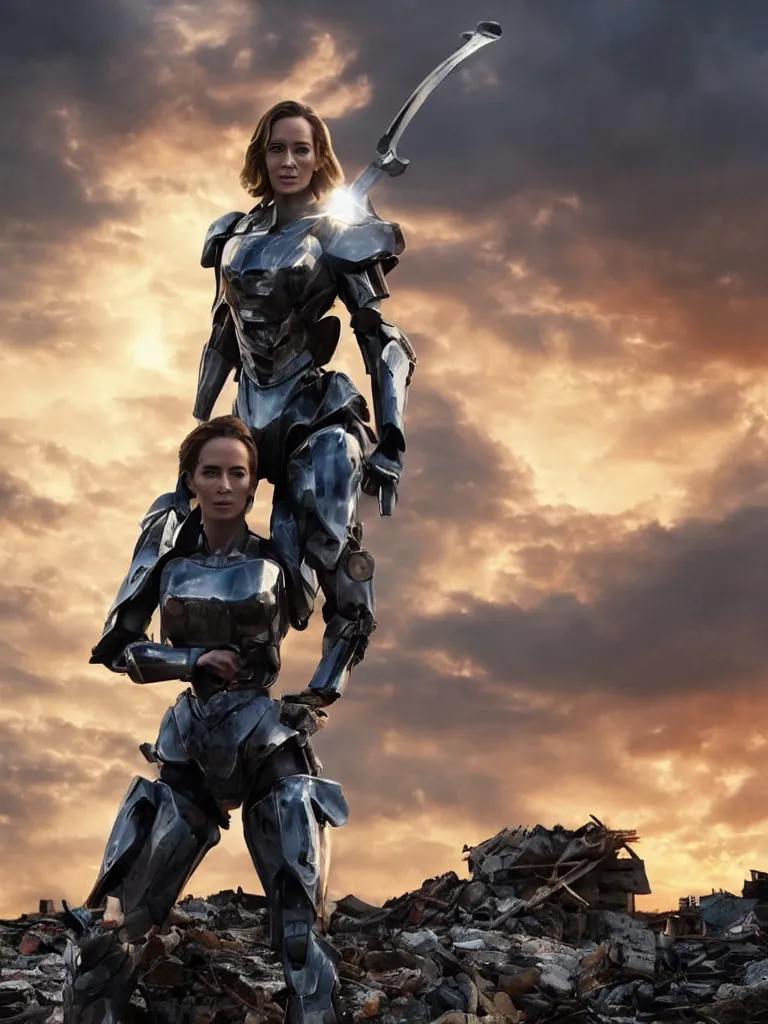 Image similar to emily blunt in futuristic power armor, by herself, holding a sword on her shoulder, standing atop a pile of rubble, sunset and big clouds behind her