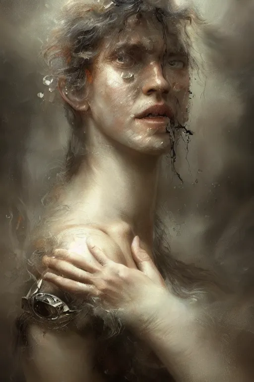 Prompt: breathtaking detailed soft painting of an ashy face, with horsehair ecusson and crystal arms, a canon where i fall through the light air and trees melee, rembrandt style, elegant, highly detailed, artstation, concept art, matte, sharp focus, art by tom bagshaw, and greg rutkowski