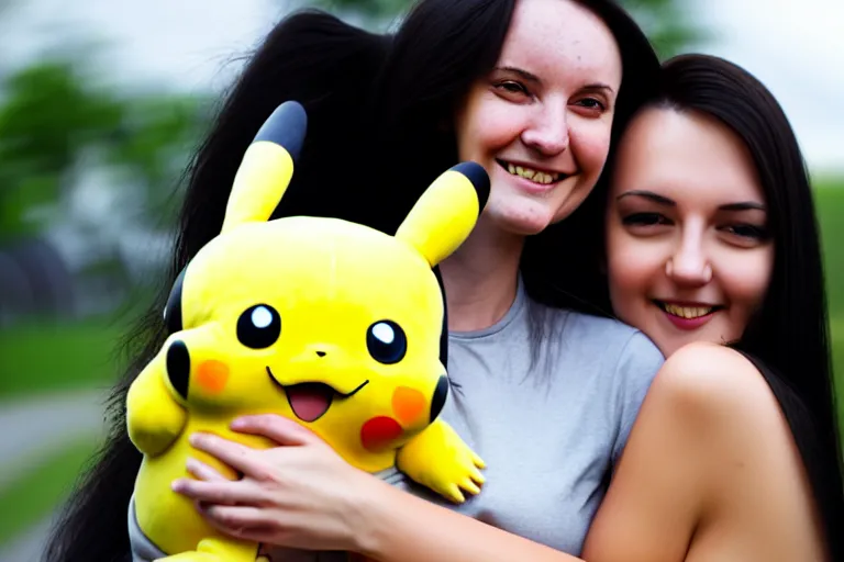 Image similar to a young skinny woman with long dark hair hugging a pikachu