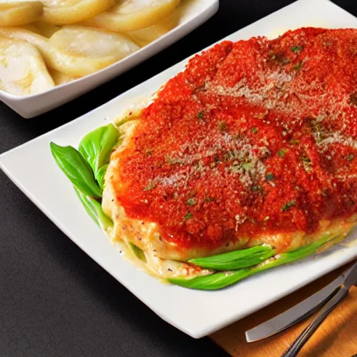 Image similar to chicken parmesan, 4k. photorealistic, awesome,
