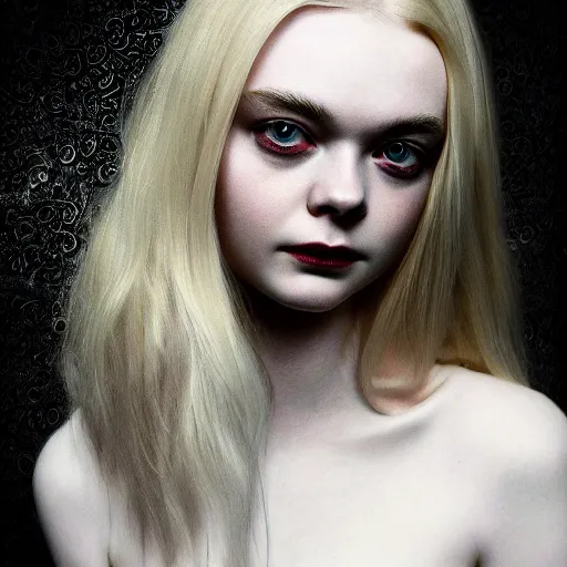 Image similar to a striking esoteric painting of Elle Fanning, dark, metal, black background, occult, by Paulina Peavy