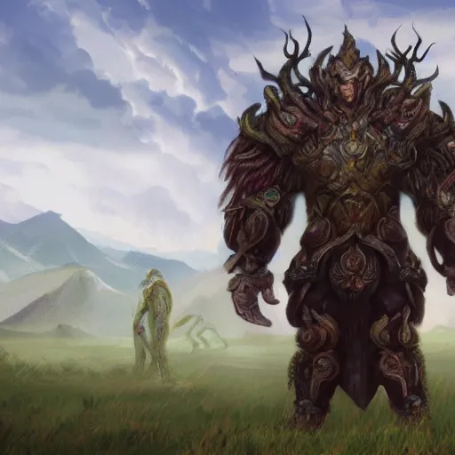 Prompt: a highly detailed portrait of a epic massive fantasy giant elden god standing in a field concept art