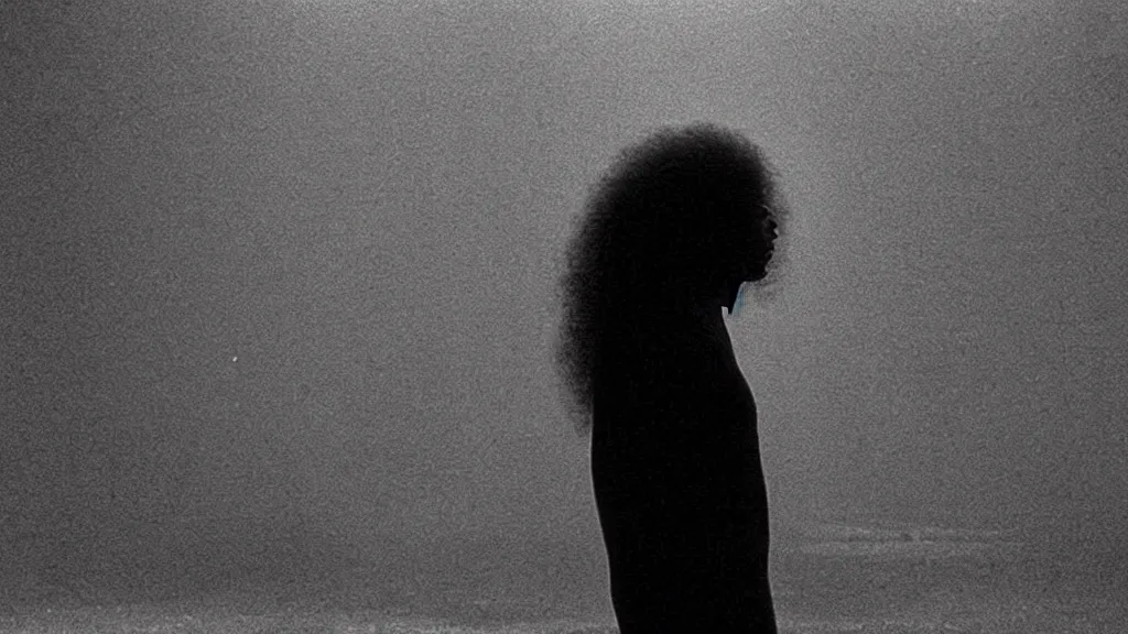 Image similar to photo from distance of a black man with long curly hair, carrying a electric guitar, walking out of from the universe's door, film still from the movie directed by Denis Villeneuve with art direction by Zdzisław Beksiński, wide lens