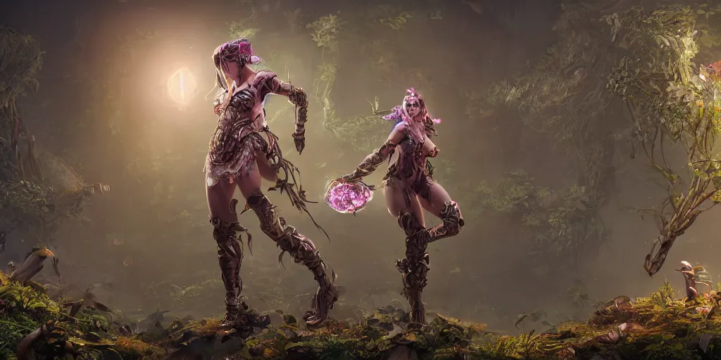 Prompt: hyper detailed female earth mage, high quality character design, action pose : : spotlight, magicpunk, biopunk, forestpunk, forest, mushrooms, high detail, 8 k, oled, shadows, reflections, digital art, official art, octane render, dynamic camera angle, unreal engine, dollpunk