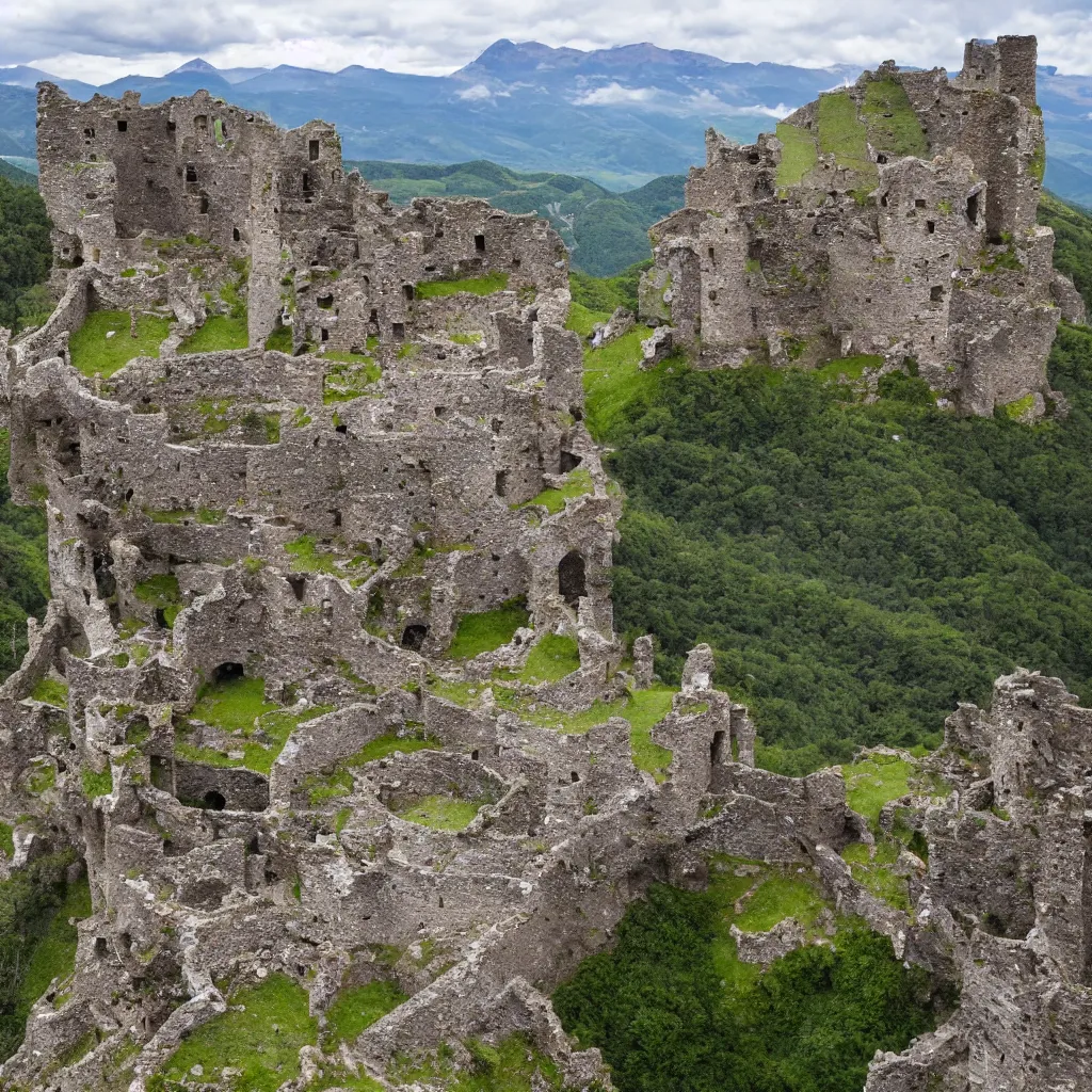 Prompt: photograph, a ruined castle on top of a big mountain, the photo was taken from very far away below the castke looking up at it, there are no other mountains around it, there is only sky in the background, day time, ambient lighting, exteme far up, ultra high detail, 8 k